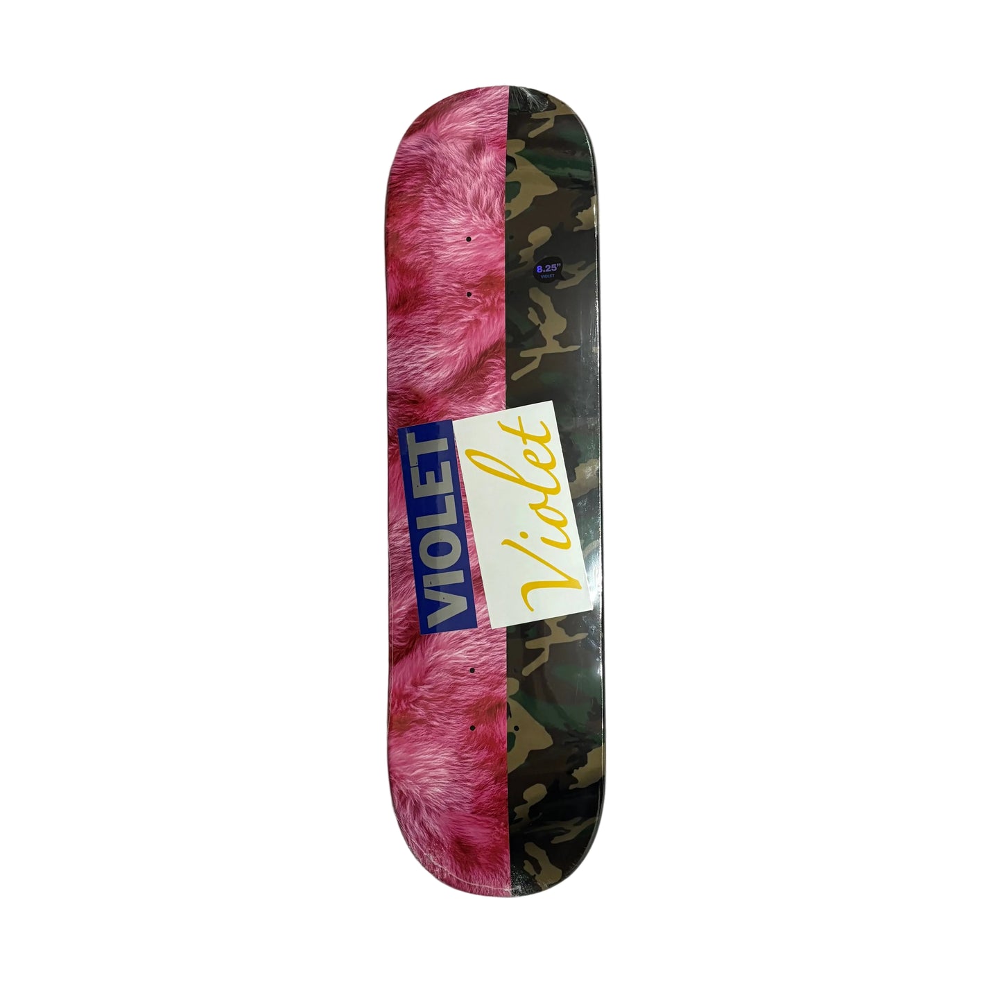 Skateboard deck with pink and camouflage design on a white surface