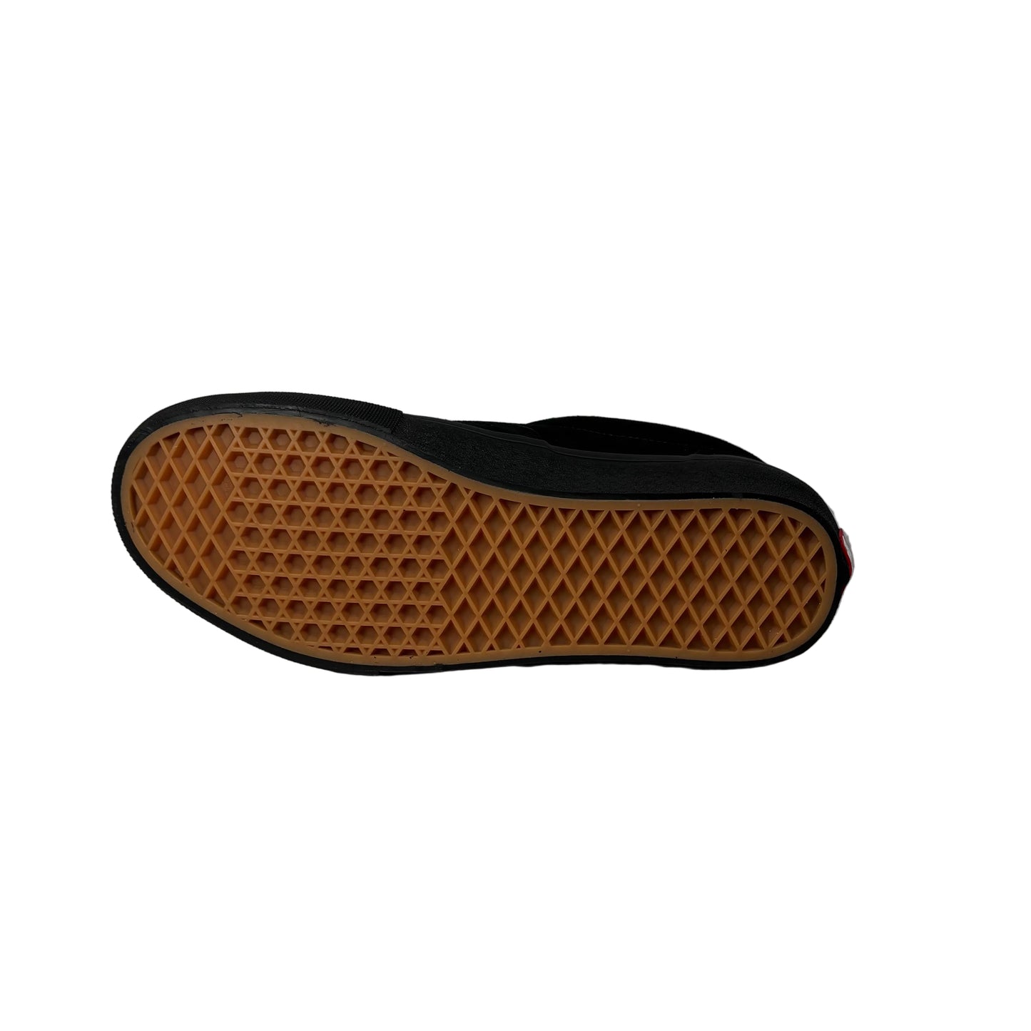 Black shoe sole with brown tread pattern on a white background