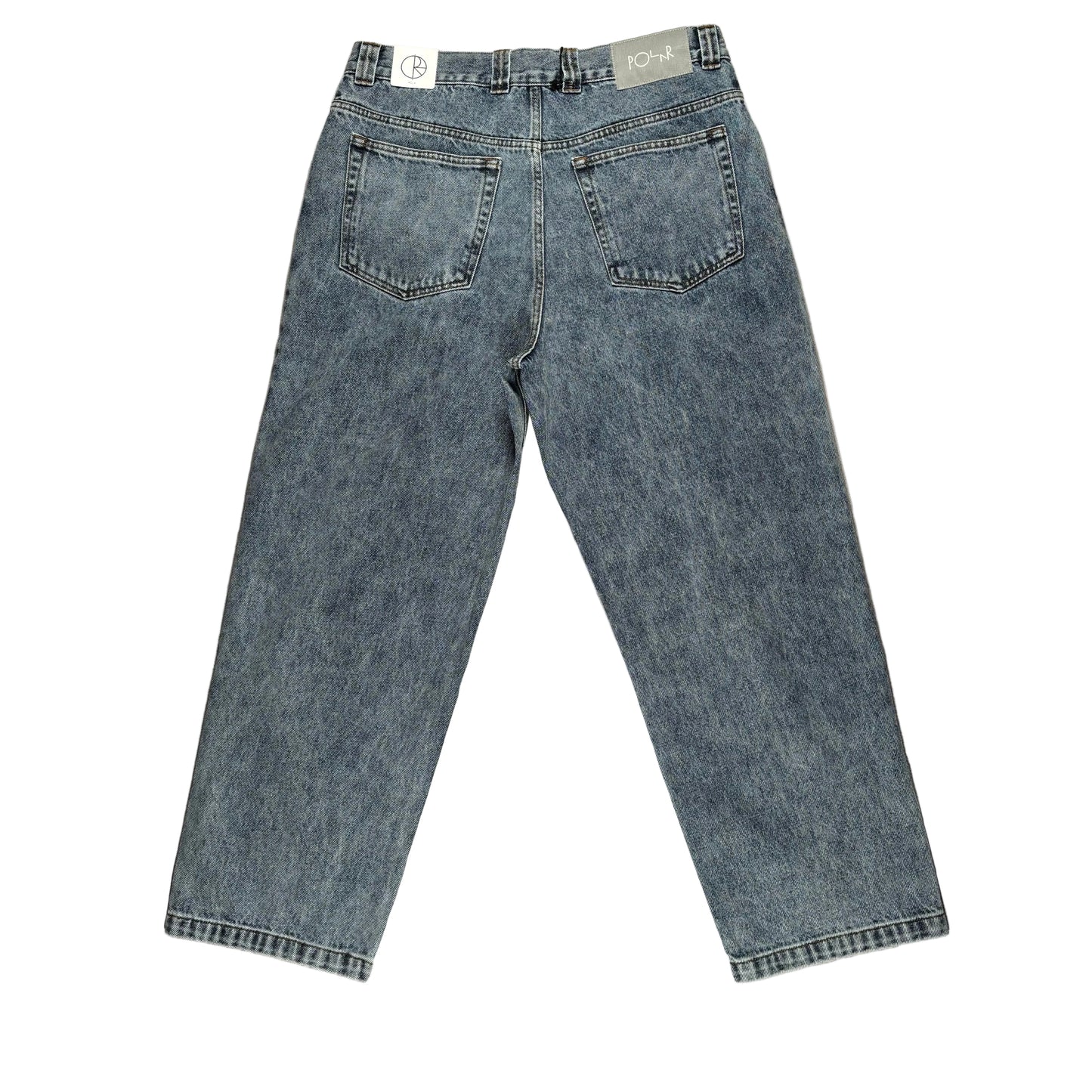 rear of Pair of blue jeans on a white surface