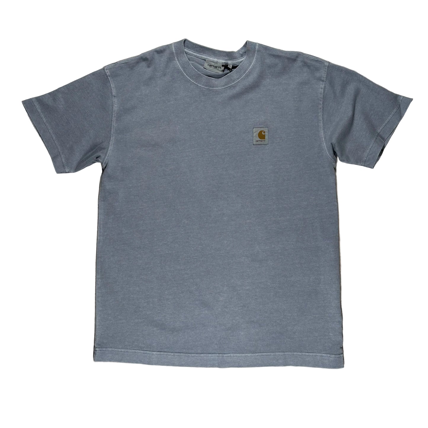 Blue t-shirt with a logo on a white surface