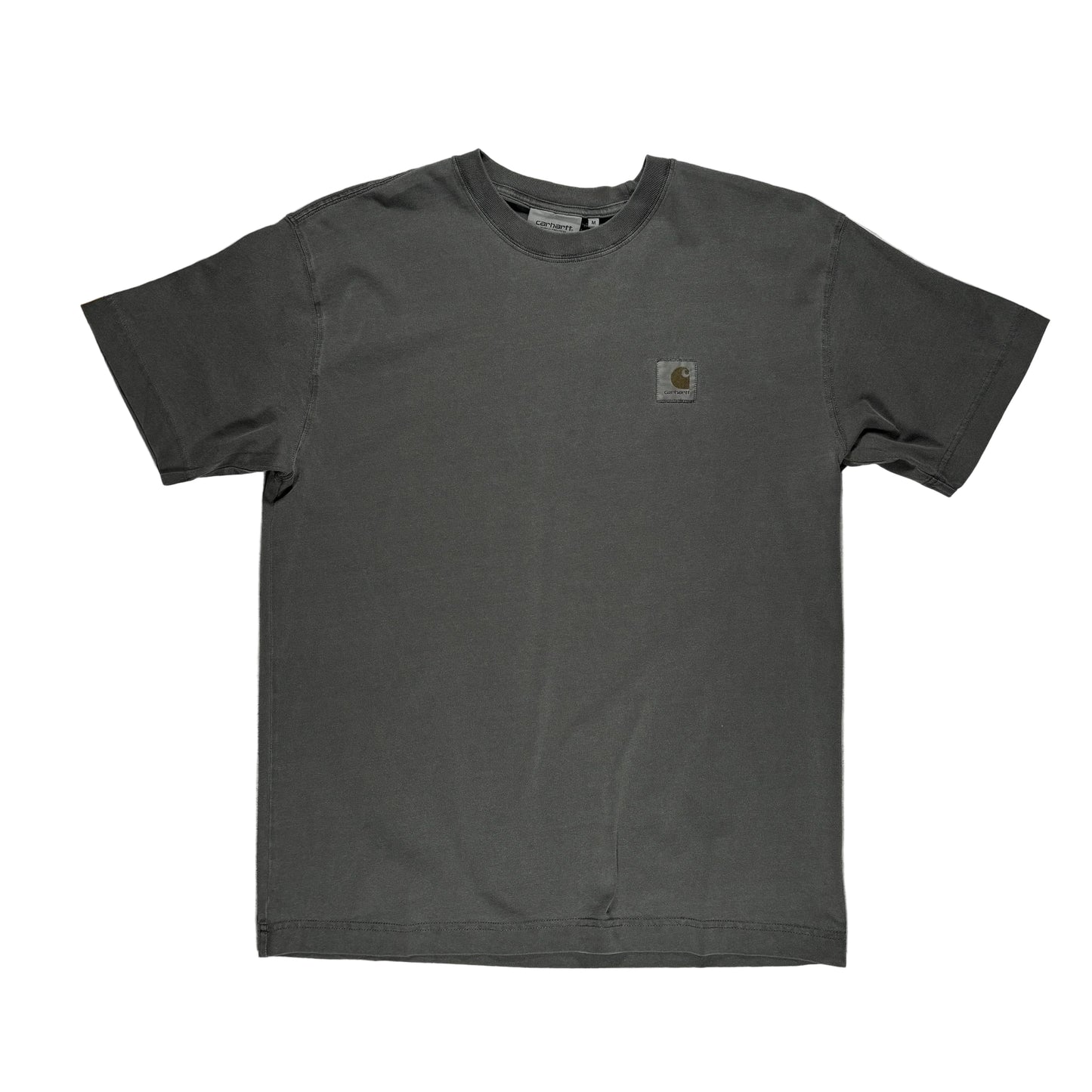 Gray t-shirt with a logo on a white surface