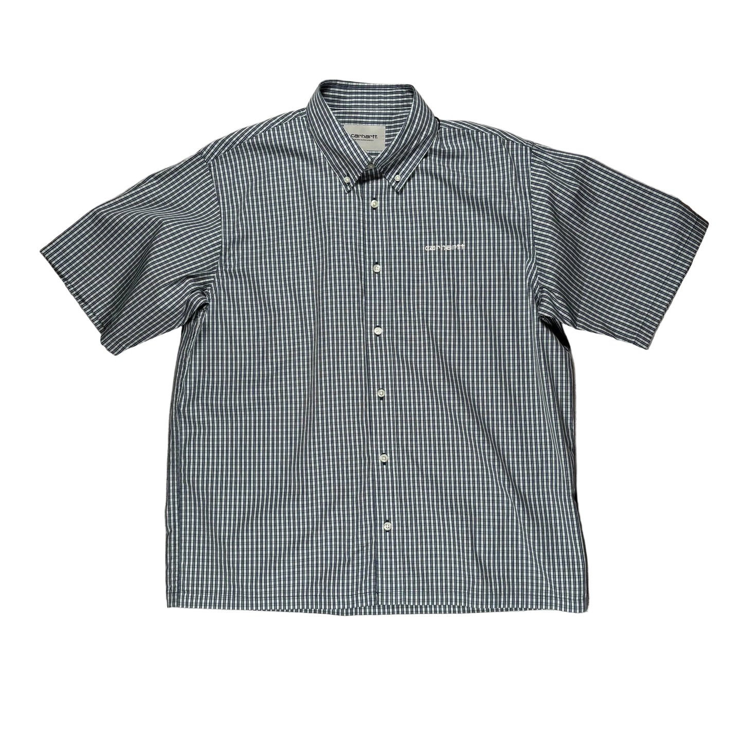 Checkered short-sleeve shirt on a white surface