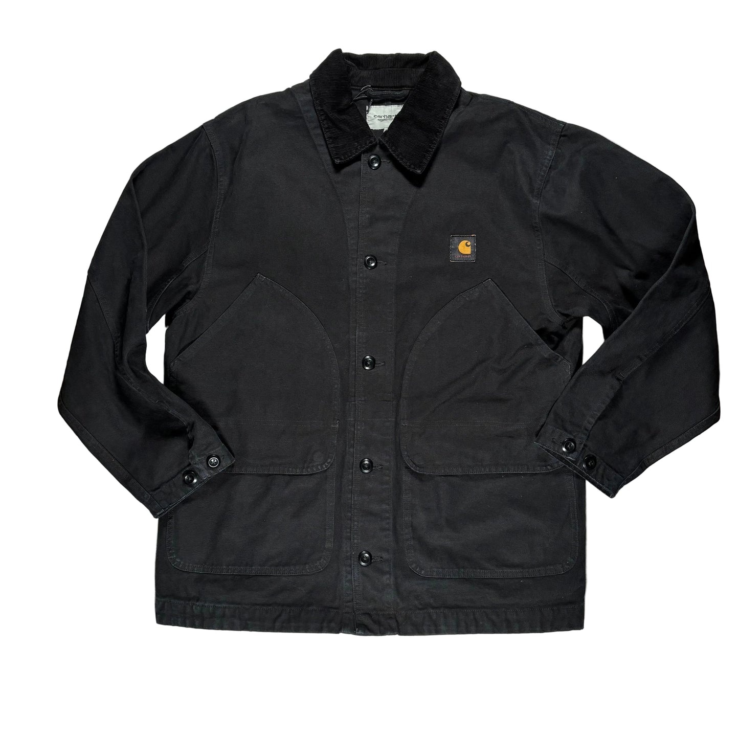 Black jacket with a brand logo on a white surface