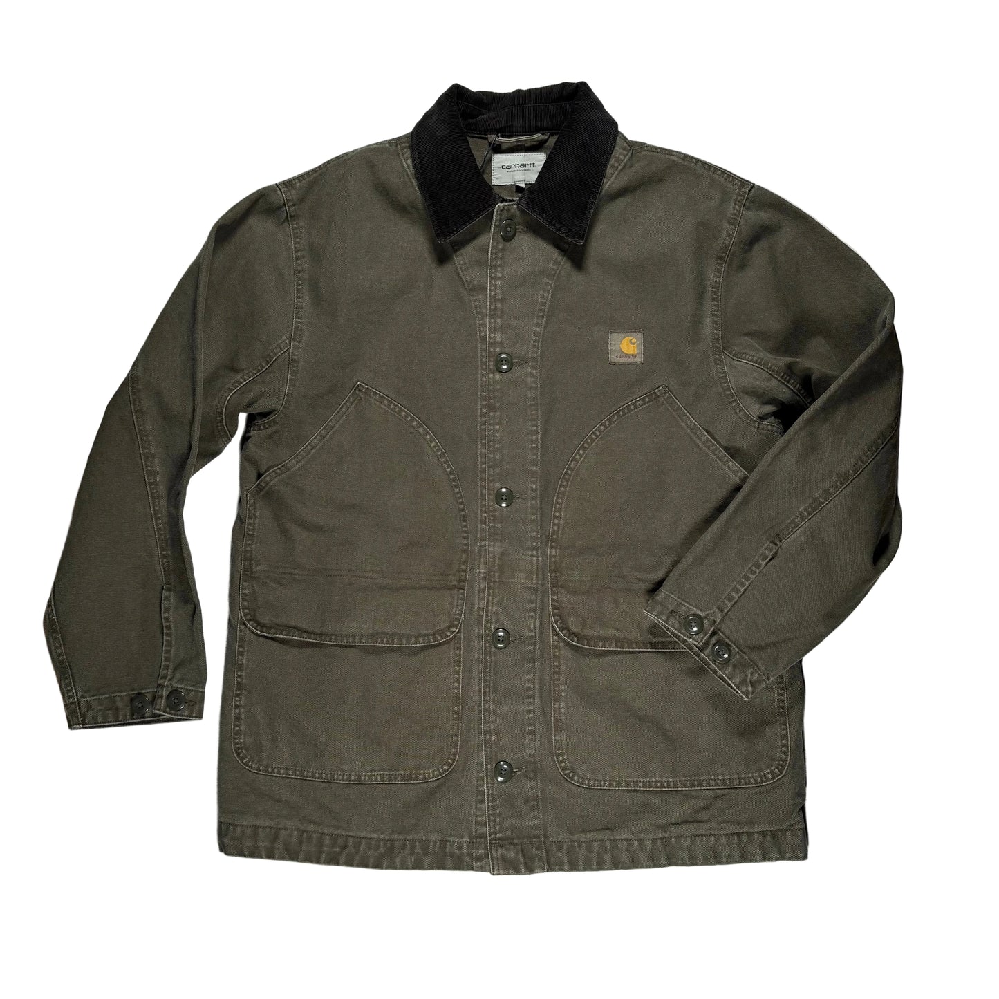 Green mid length jacket with black collar on a white background