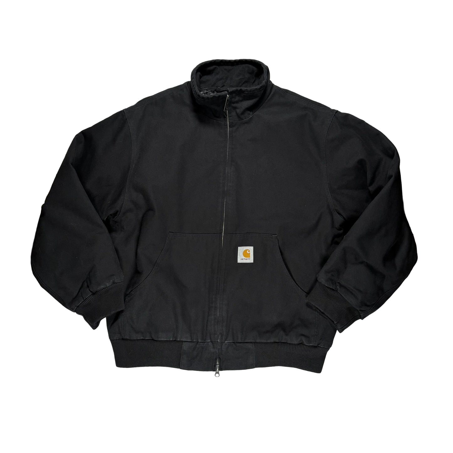 Black jacket with mock neck, a brand logo on a white surface