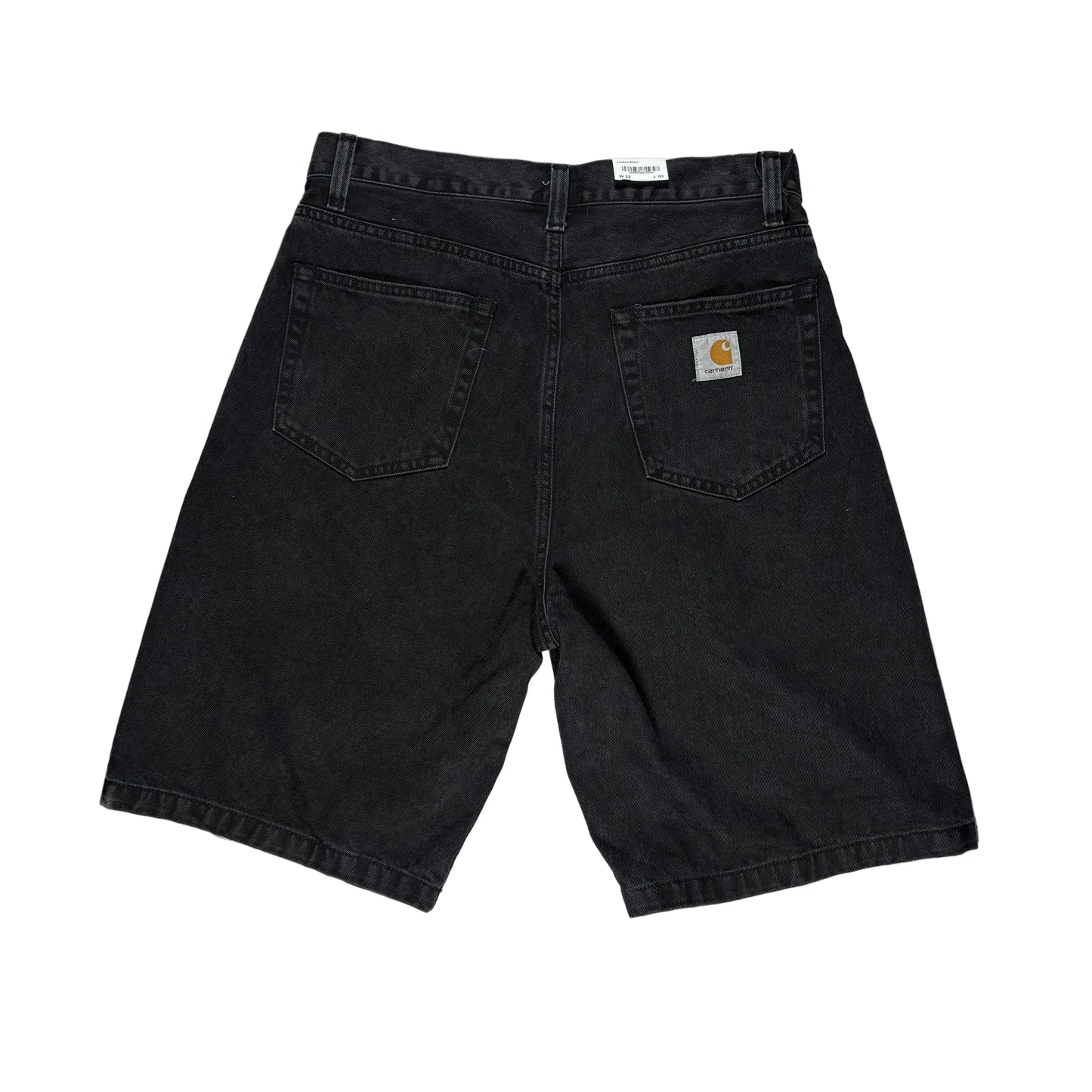 Black denim shorts with a carhartt brand logo label on the back pocket, on a white surface
