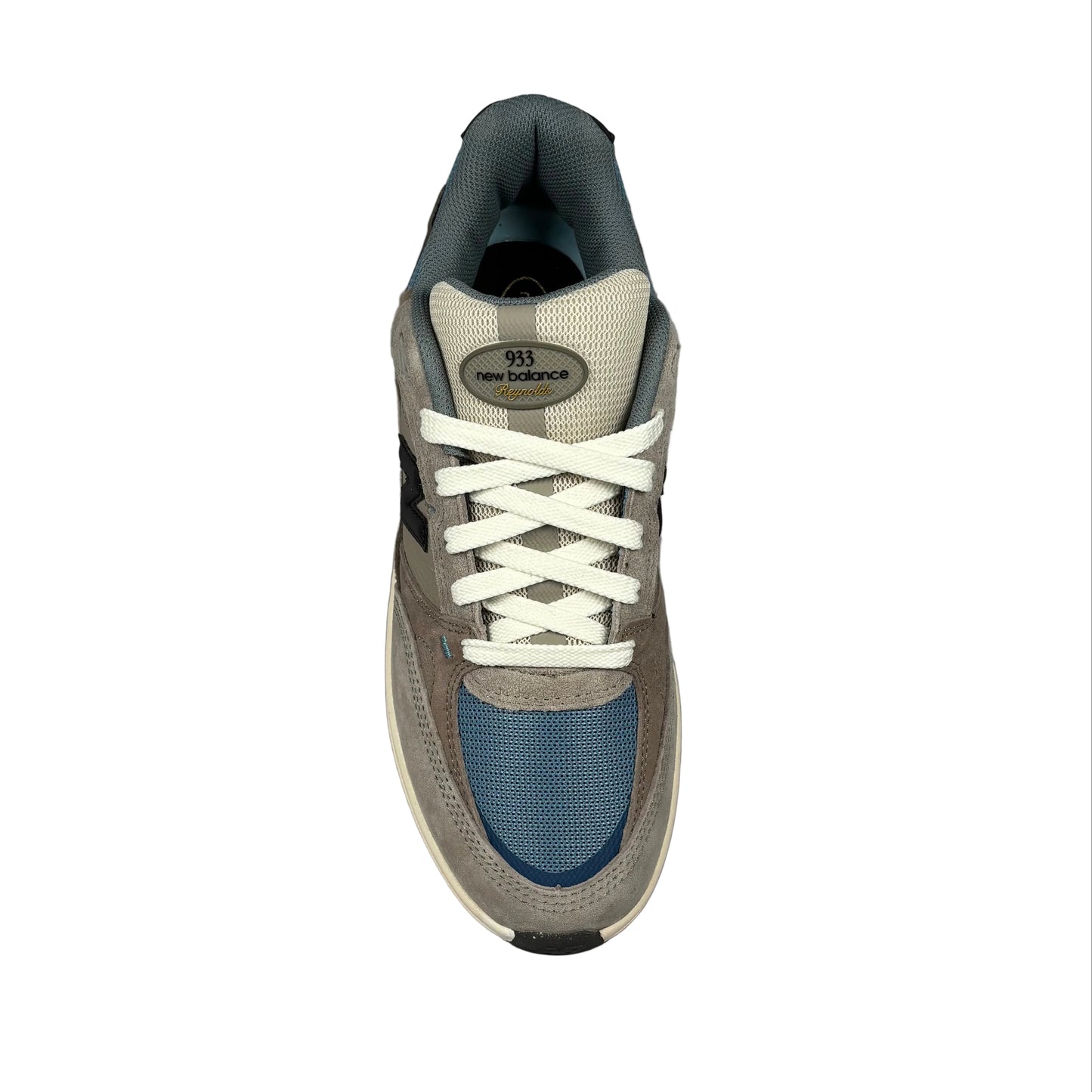 top down view of Sneaker with blue accent on a white background