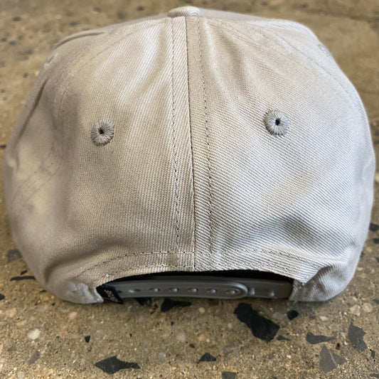 rear view of Venture V logo snapback cap, light grey