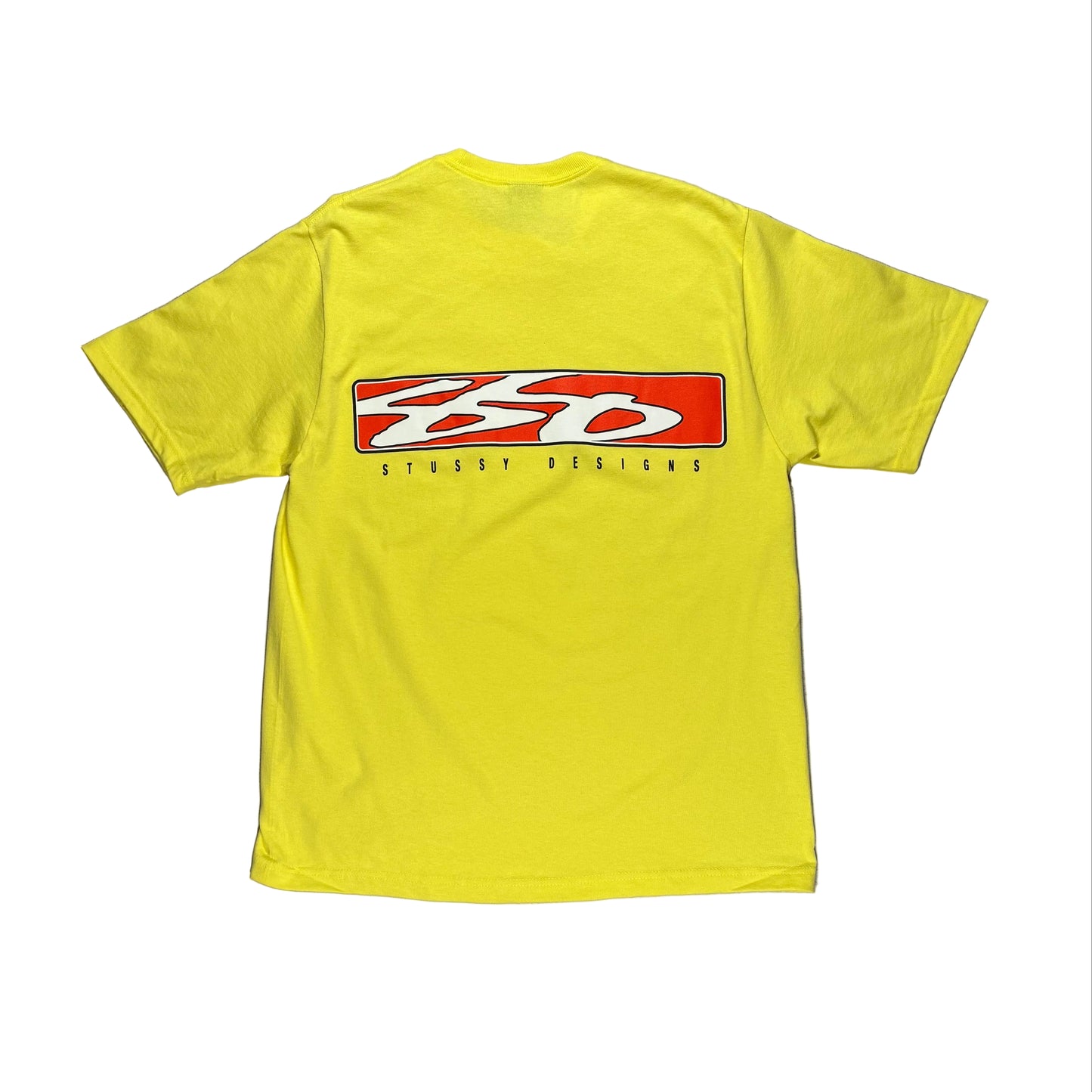 Yellow t-shirt with a red and white logo on a white surface