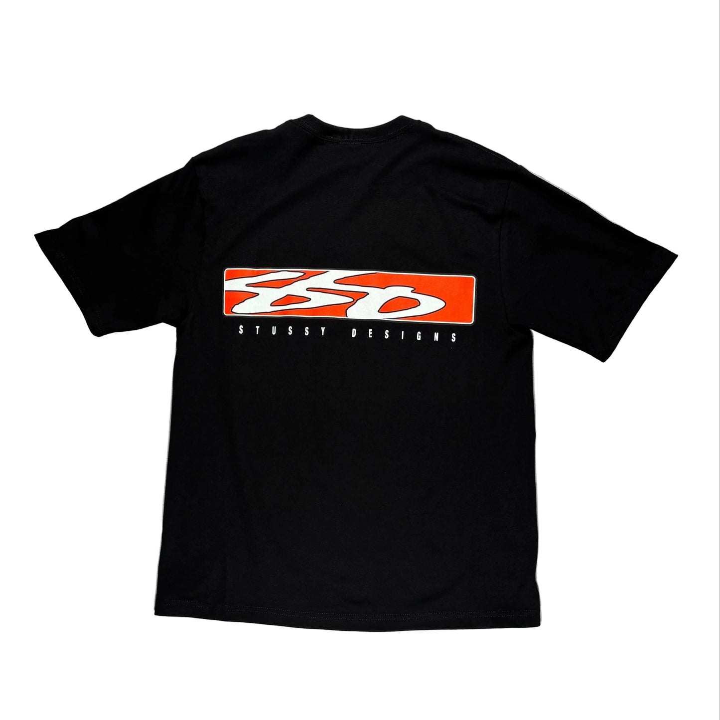 Black t-shirt with a red and white logo on a white surface