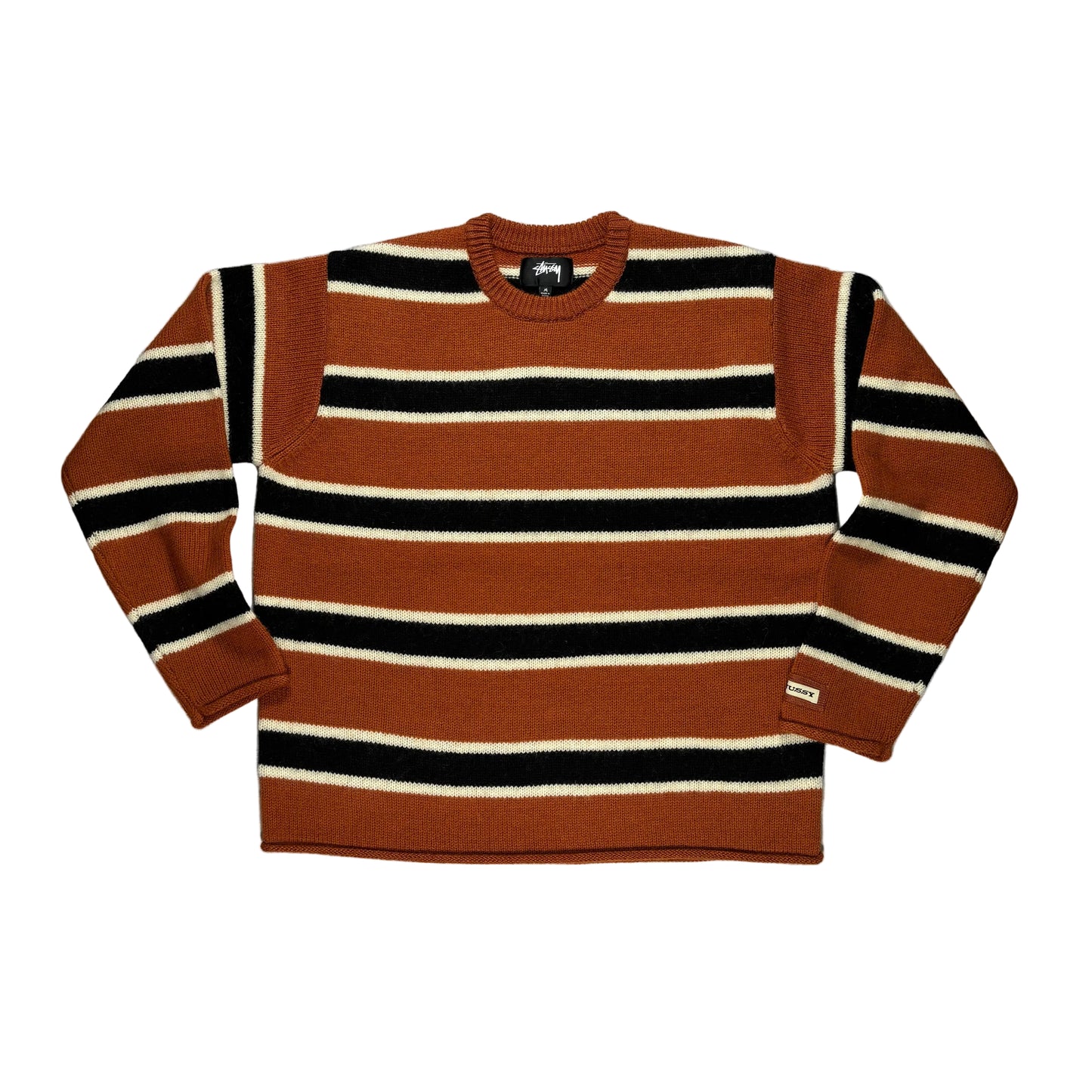 Striped sweater with brown, black, and beige stripes on a white surface.