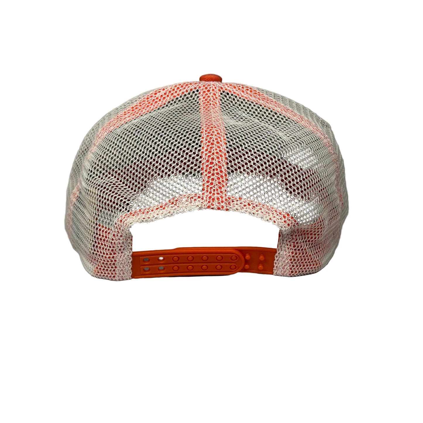 Trucker hat with mesh back and orange brim on a white background