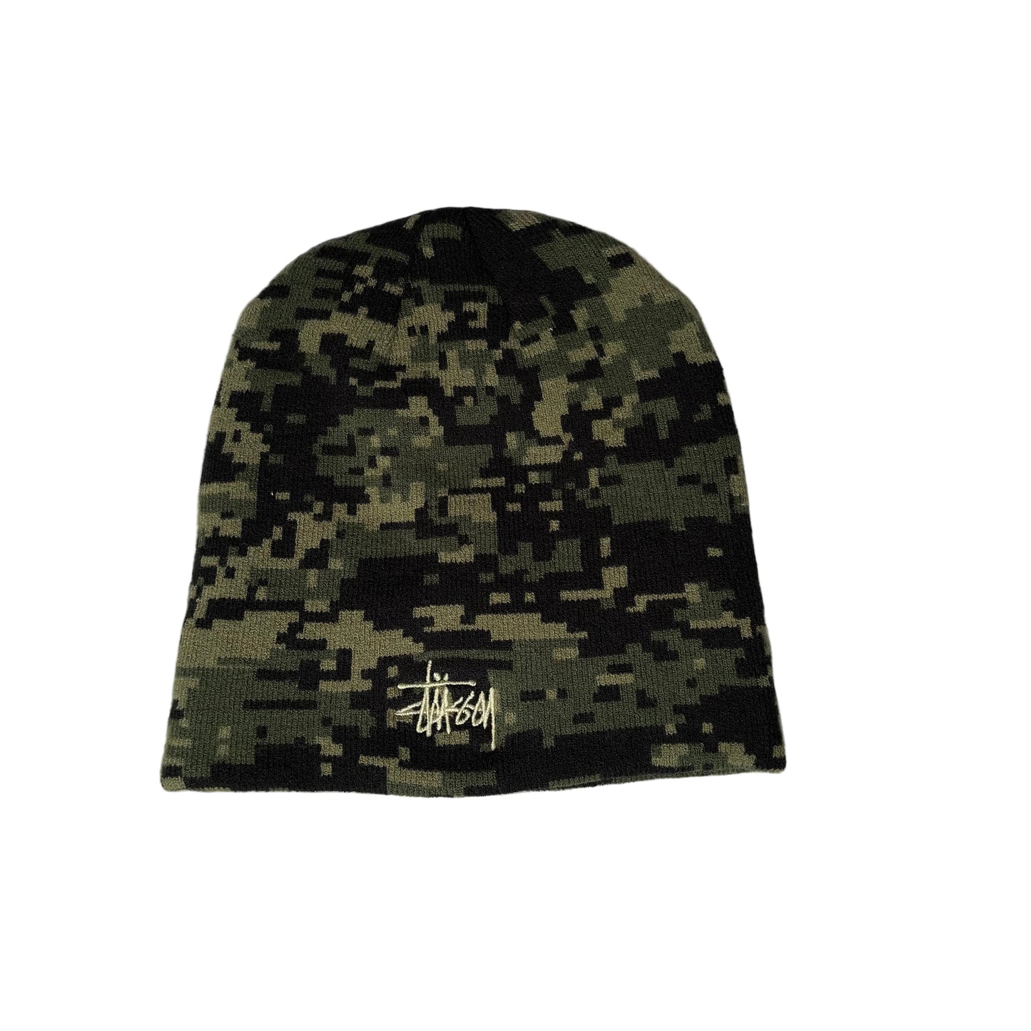 Camouflage beanie with a logo on a white background