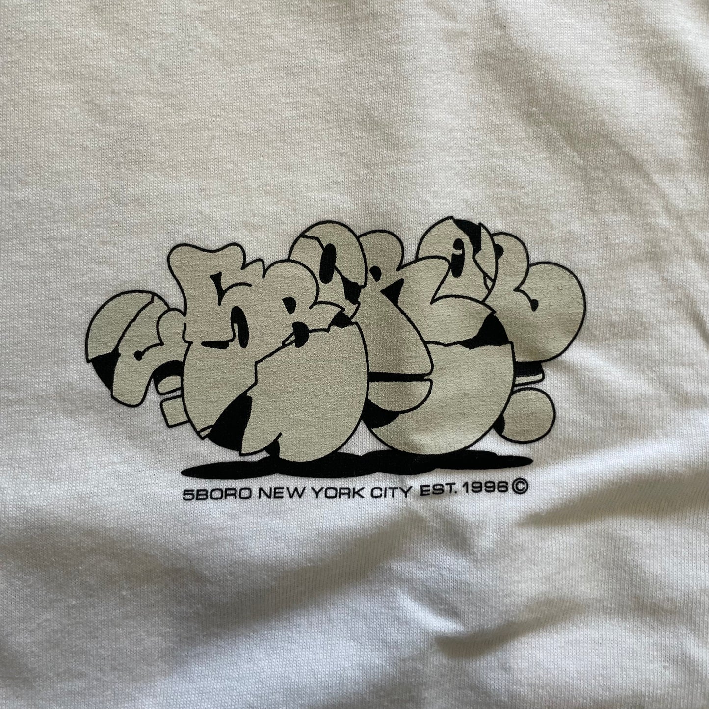 Close view of grey graf bubble style logo  with 5boro new york city est 1996