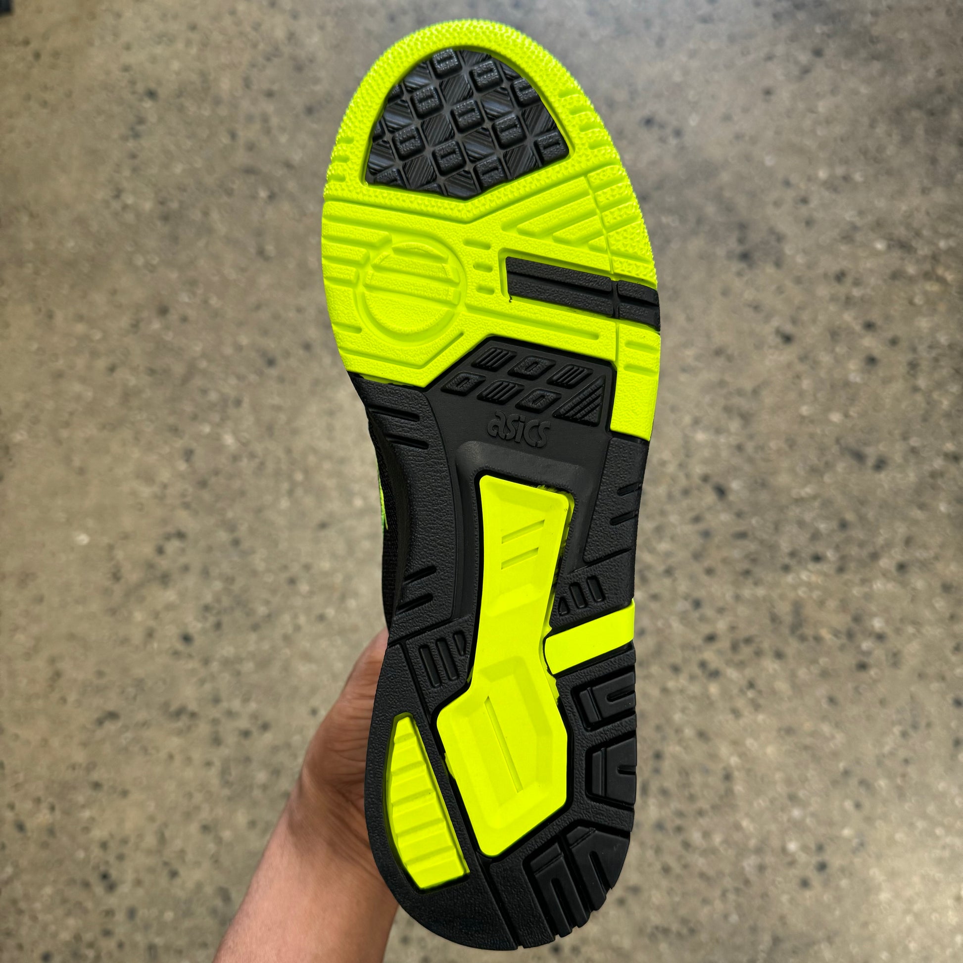 black and yellow sole, bottom of sneaker