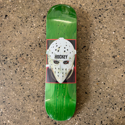 hockey mask with eyes on green wood grain skate deck (wood grain colors may vary)