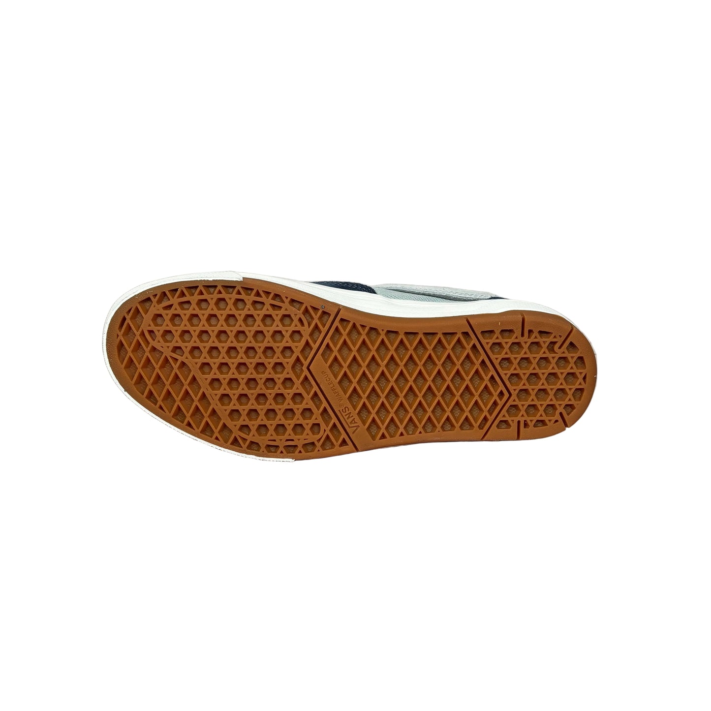 Close-up of a shoe sole with brown tread pattern on a white surface