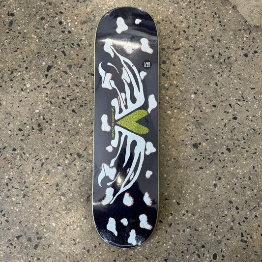 black deck with white lines and spots with a green heart in the center