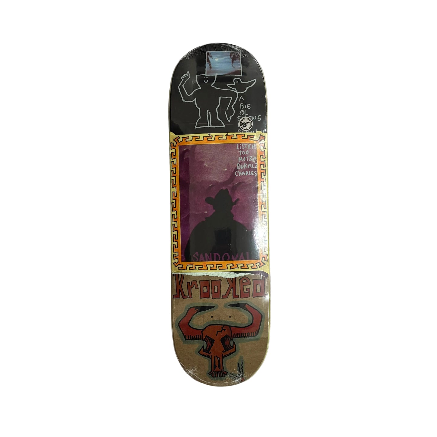 Skateboard deck with graphic design on a white surface