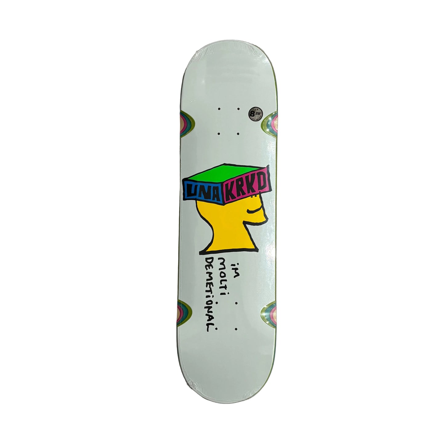 Skateboard deck with a colorful graphic design on a white surface