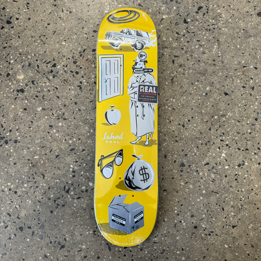 black and white truck, door, dog, sunglasses, money bag on yellow skate deck