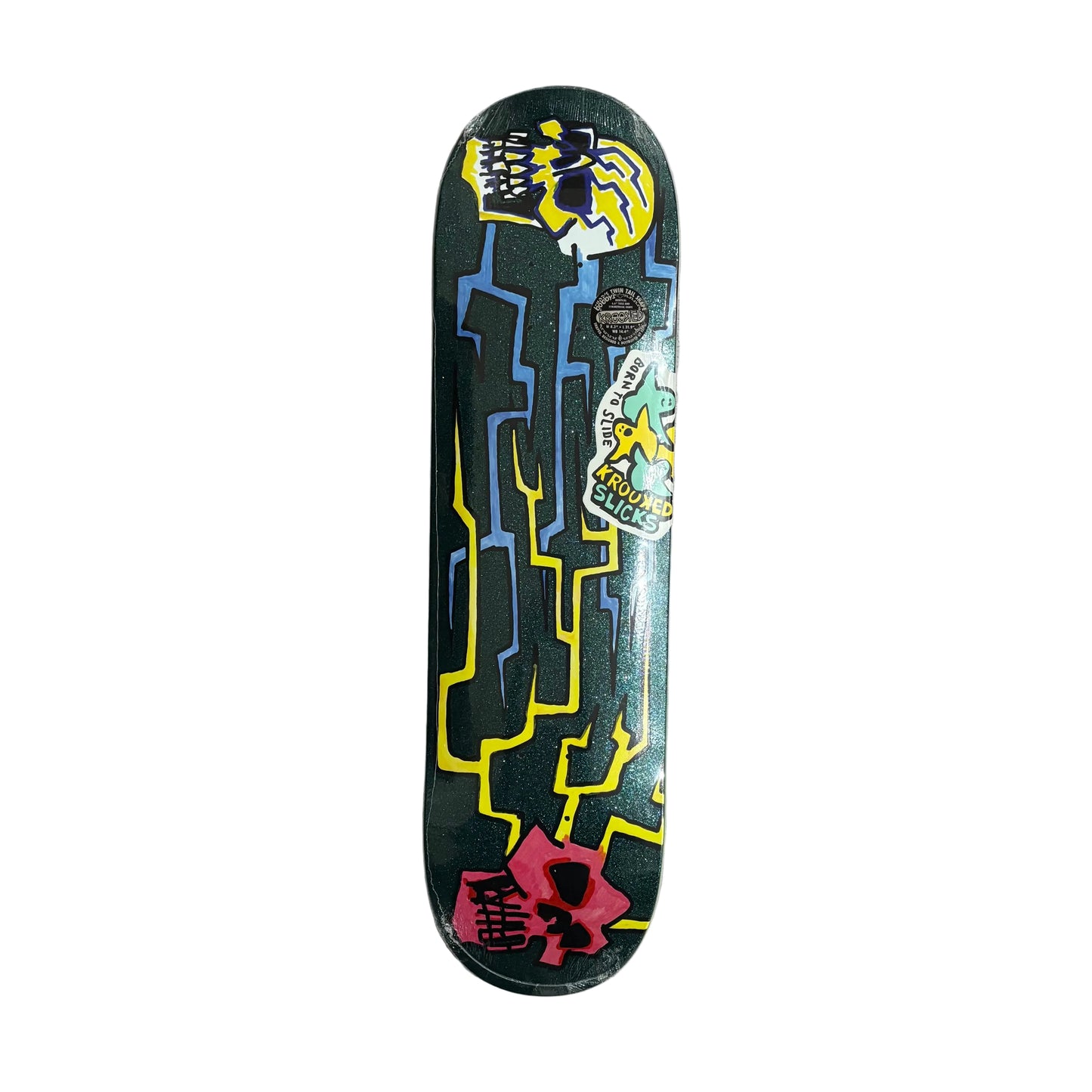 Skateboard deck with colorful graphics on a white surface