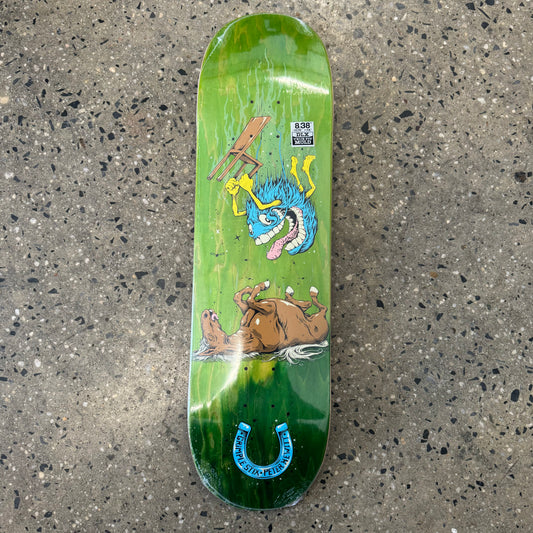 horse and fuzzy monster on woodgrain deck, woodgrain colors vary