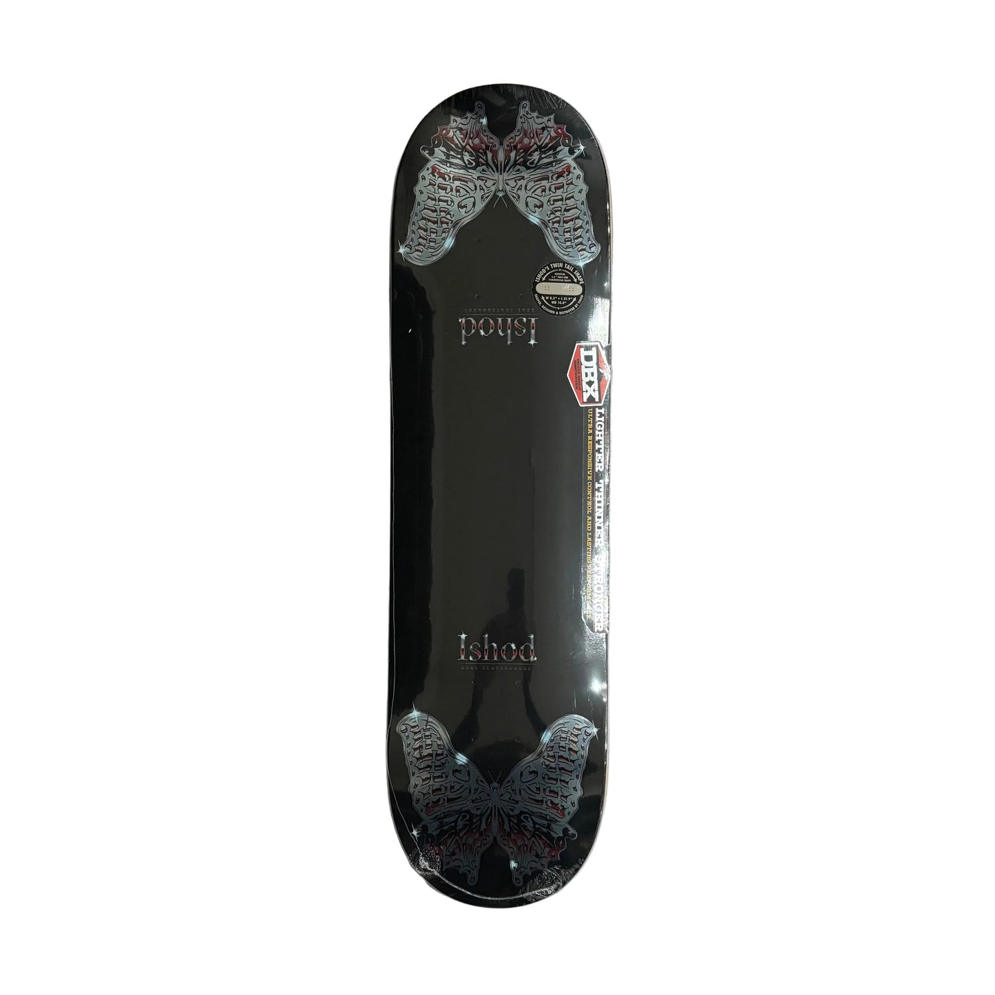 Black skateboard deck with butterfly designs on a white surface