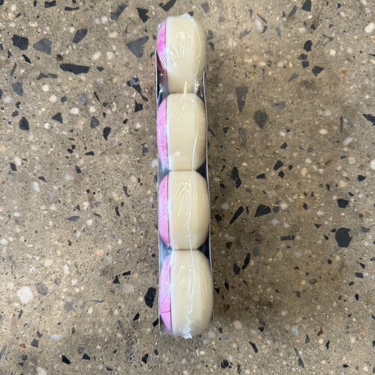 bottom view of white and pink wheels