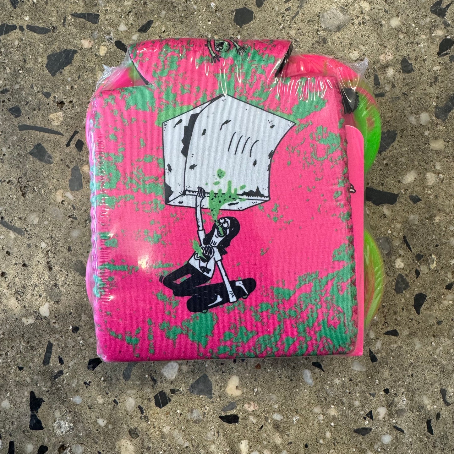 person puking on skate ramp, pink, green, black, white design