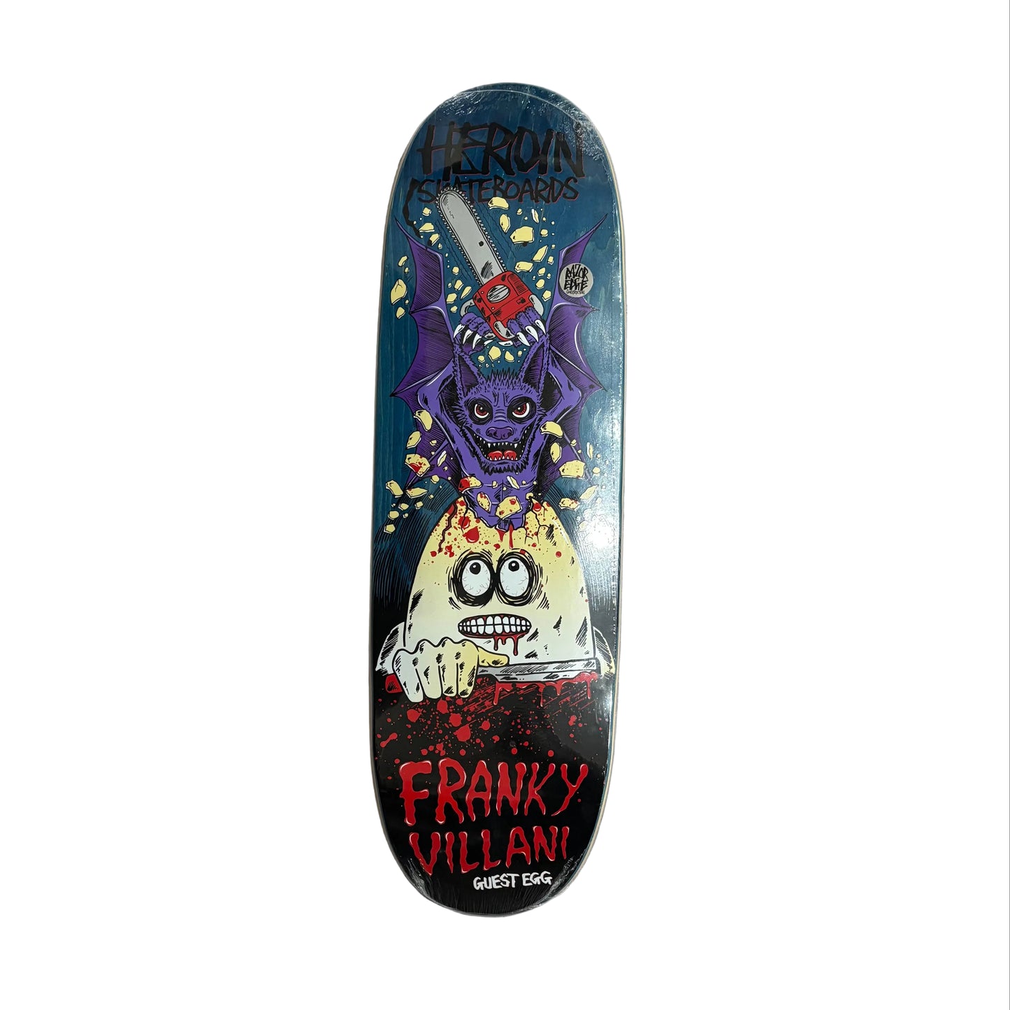 Skateboard deck with a bat design and 'Heroin' branding on a white surface.