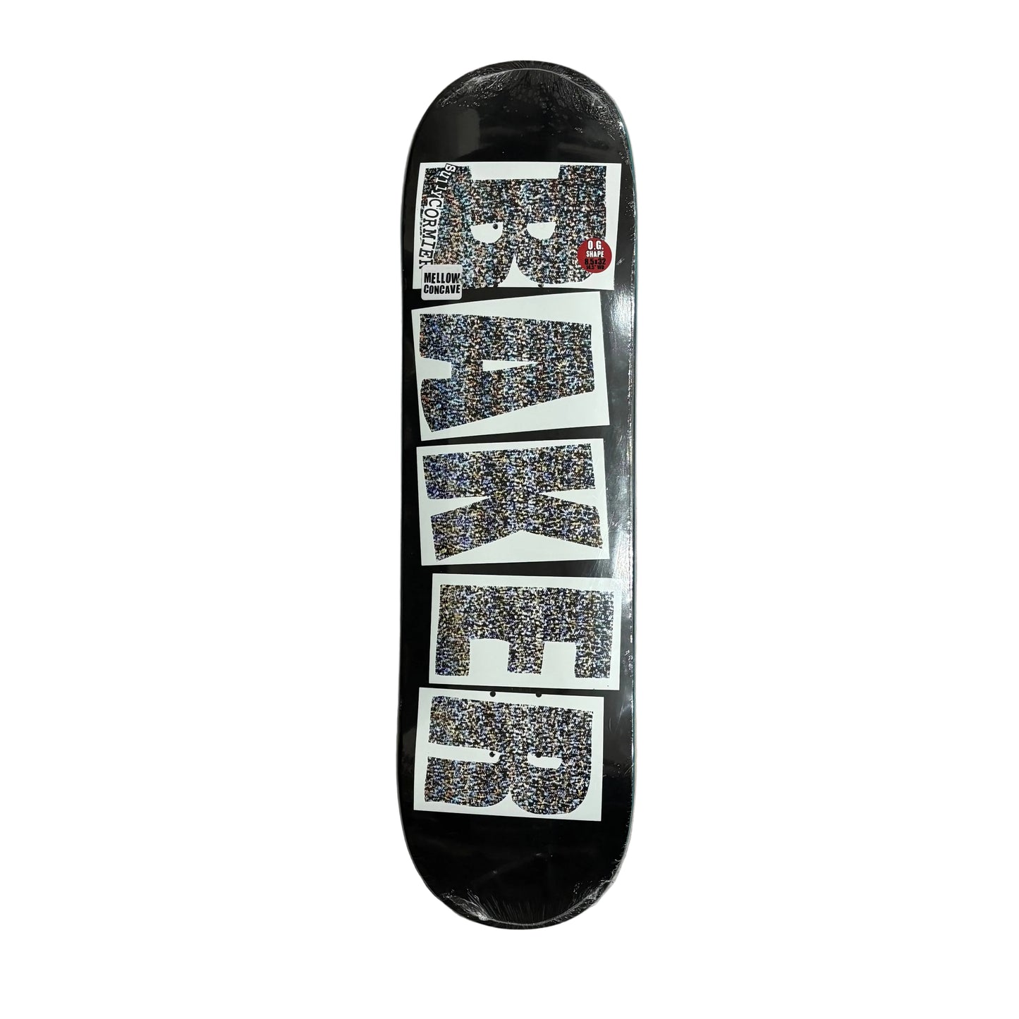 Skateboard deck with a black and white design on a white surface