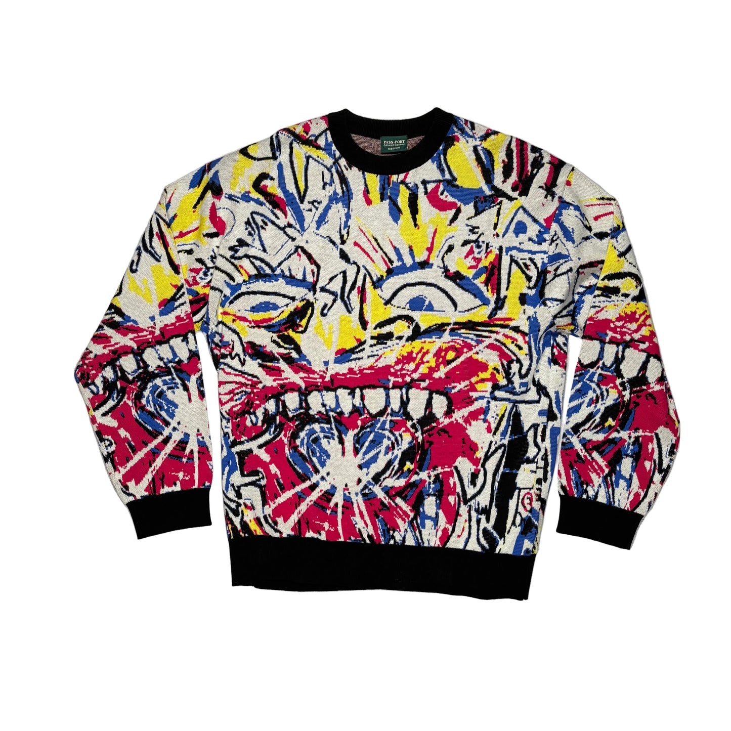 Colorful graphic sweater on a white background