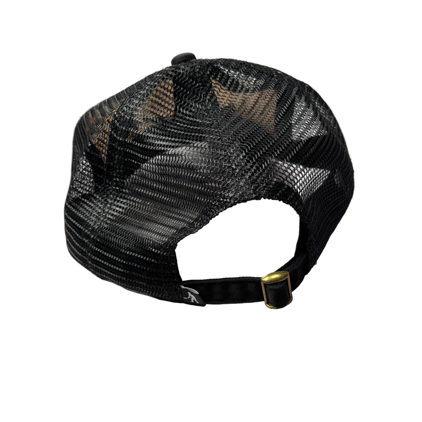 Black mesh cap with pattern on a white surface