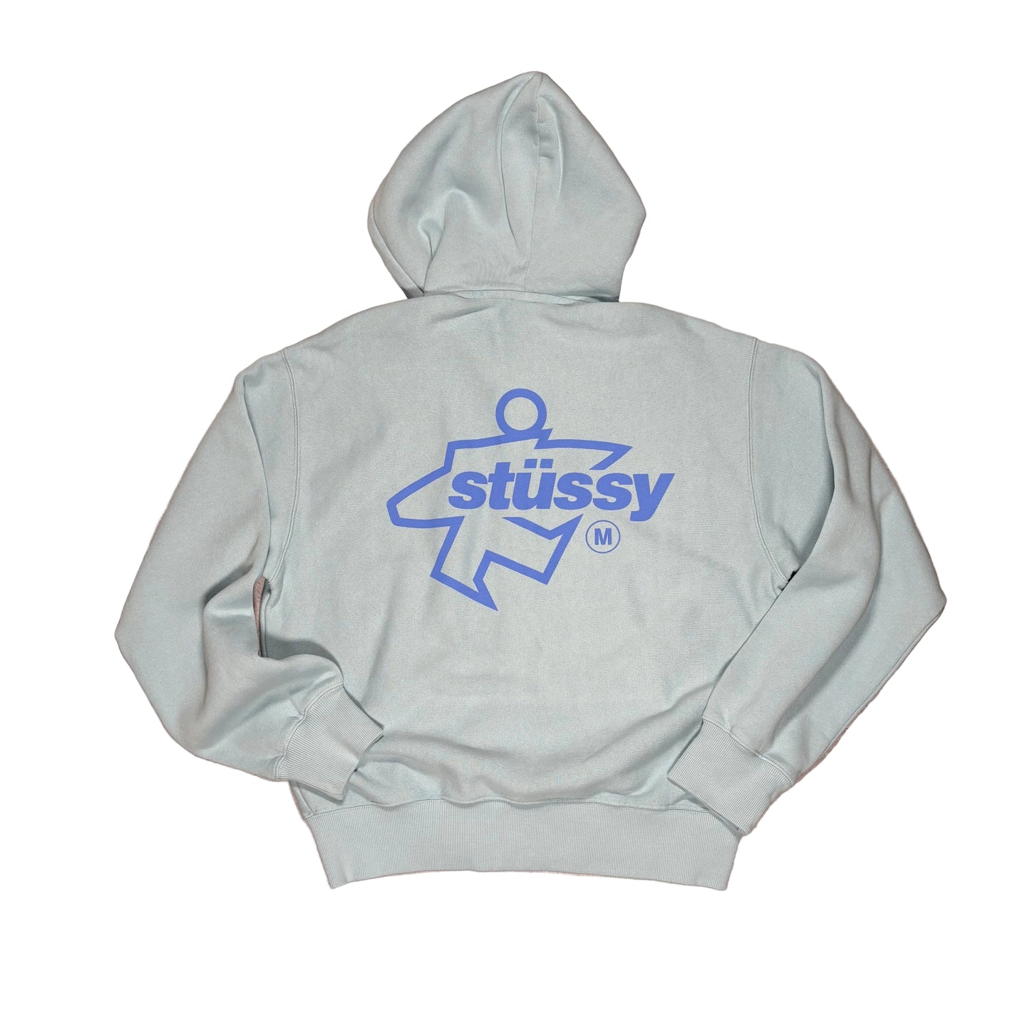 rear of Light blue hoodie with Stussy logo on a white surface