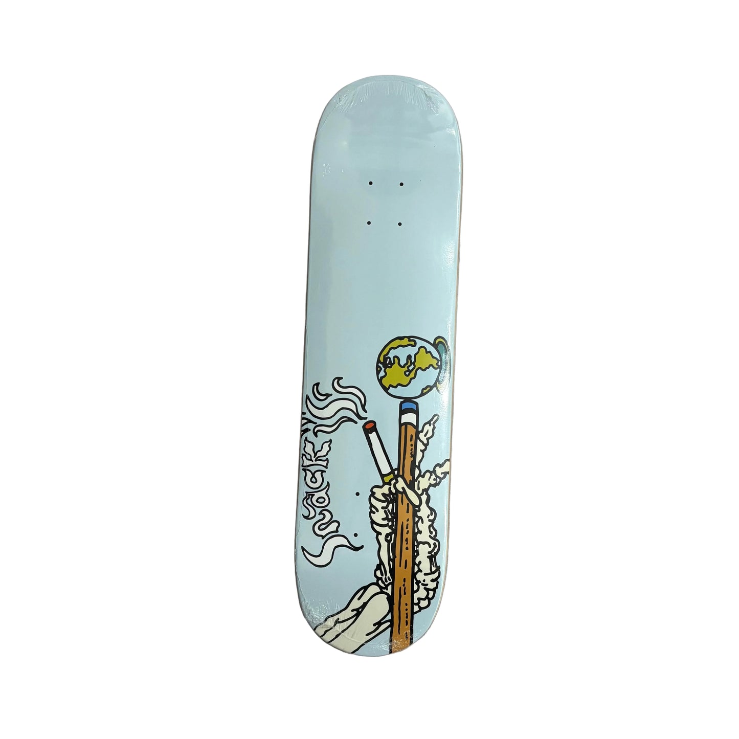 Skateboard deck with a design on a concrete surface
