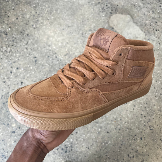 side view of tonal brown suede and canvas skateboard sneaker