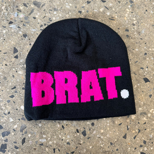 Pink Brat logo on black beanie