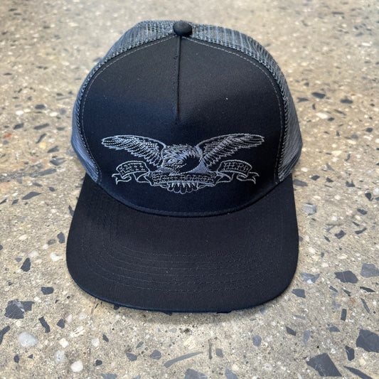 Black and Grey Trucker hat with grey eagle embroidered in the center