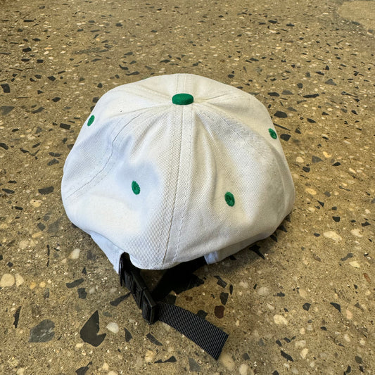back view of white and green hat