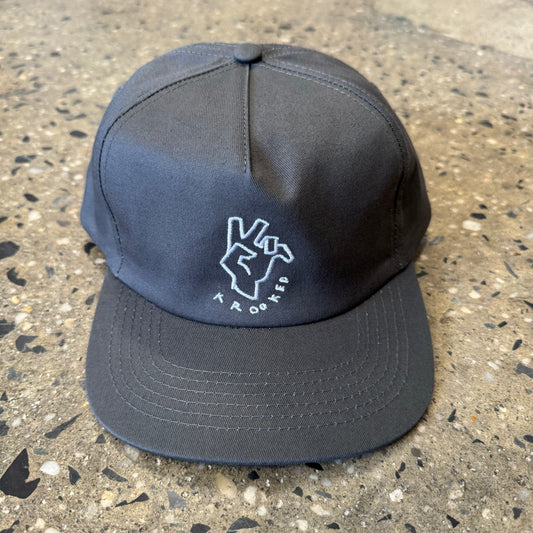 charcoal grey hat with white hand embroidered in the center