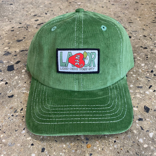 front view of Labor green and red logo corduroy six panel cap