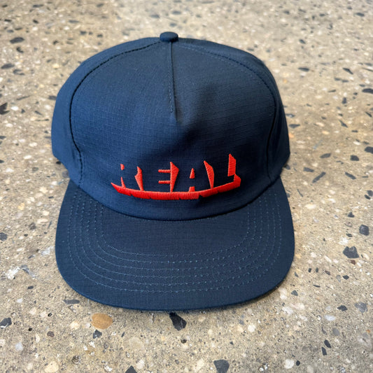 navy blue ripstop hat with REAL embroidered in red n