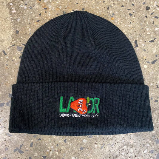 green and red labor apple logo embroidered on black beanie