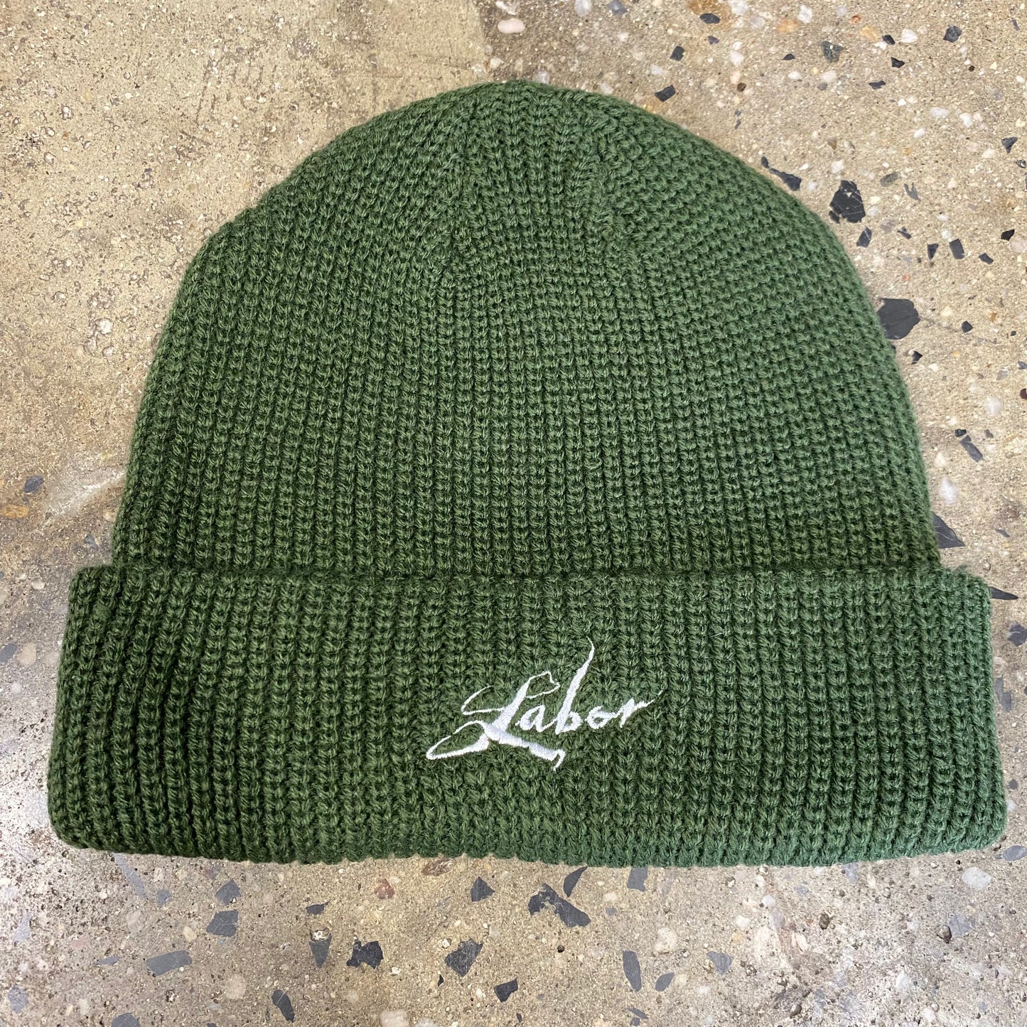 Labor handstyle logo embroidered on olive loose gauge beanie