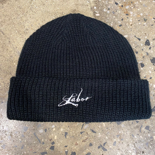 hand style LABOR logo embroidered logo on black loose gauge beanie