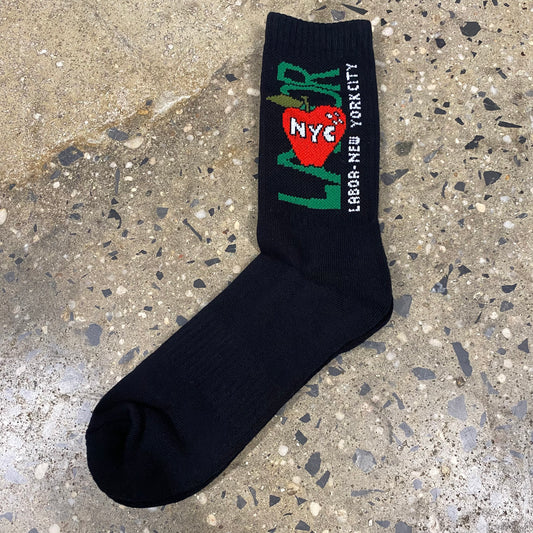 Green and red Labor apple logo on black sock