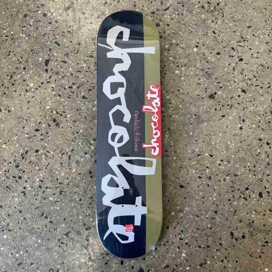 white logo on black and army green skate deck