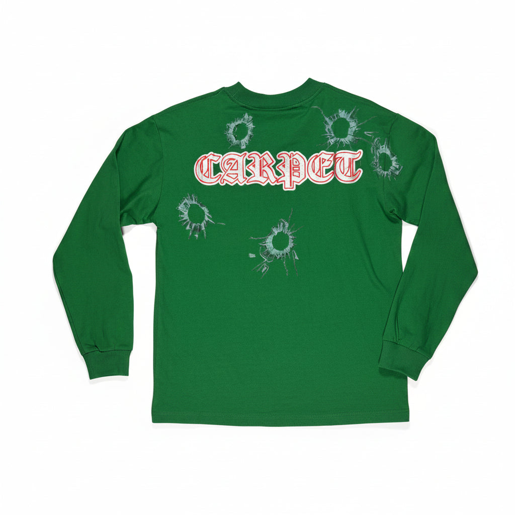 Green long-sleeve shirt with 'Carpet' text on a white surface