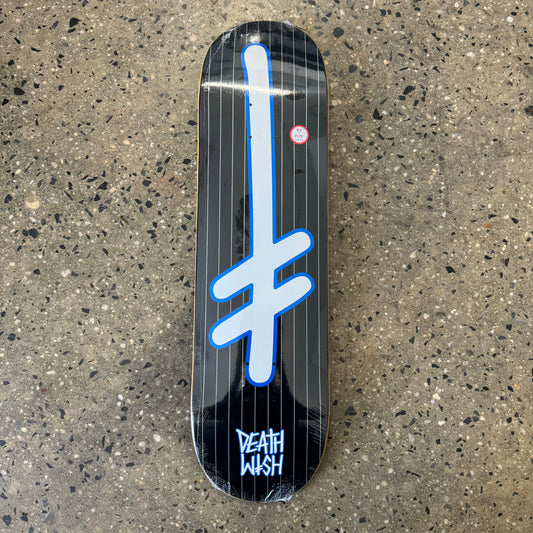 black deck with white pinstripes with white/royal deathwish gang logo in the center
